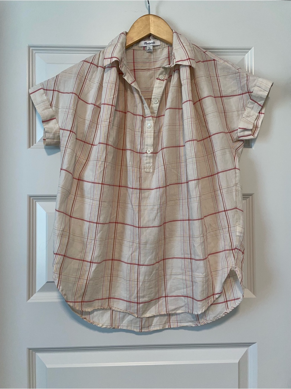 Madewell Plaid Short Sleeve Button Collared Shirt - Cream & Multicolor